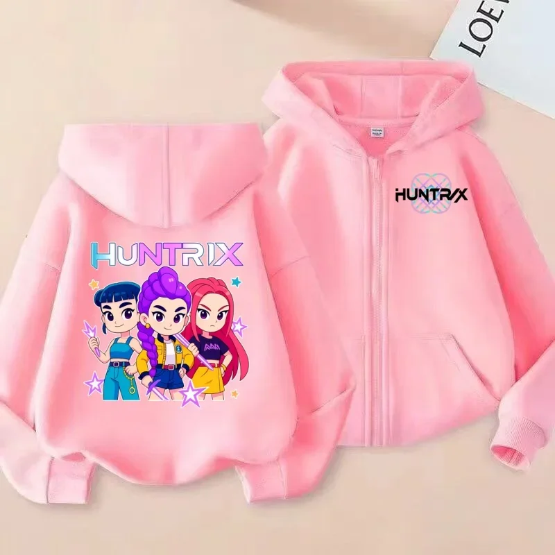 سترة قميص بسحاب للأطفال على طراز مجموعة الفتيات اللطيفة من HUNTRIX، سترة بغطاء للرأس مطبوعة برسوم كارتونية على طراز Q للأطفال #2