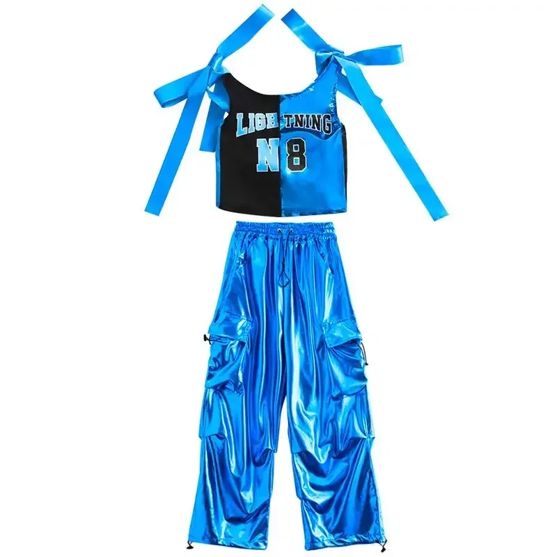 Kids Jazz Fashion Clothes Boys Girls Hip Hop Oversize Tops Pants Runways Show Outfit Cool Bright Blue Street Dance Costume image 6