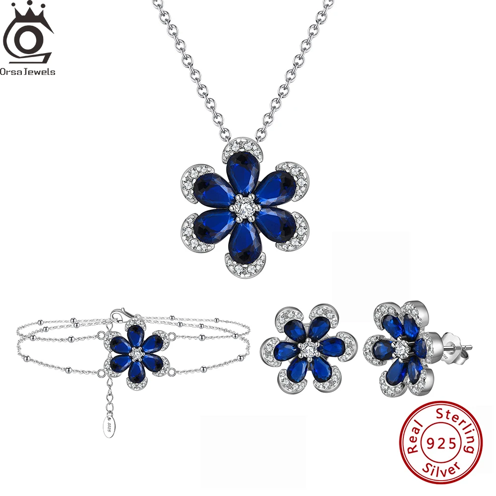 

ORSA JEWELS 925 Sterling Silver Blue Sapphire Jewelry Set Flower Shape Clear Cubic Zircon Necklace Bracelet Earrings Women LZB03