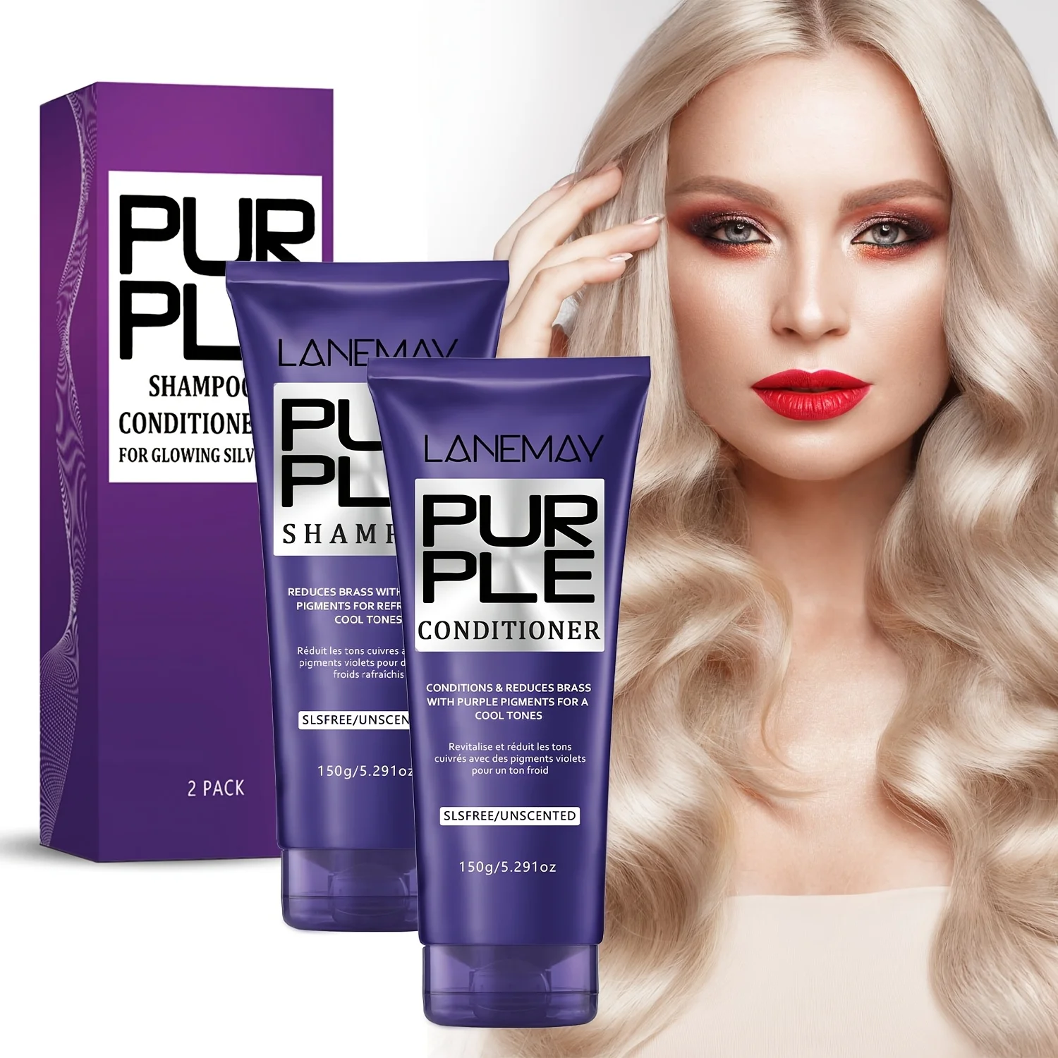 2pcs Purple Hair Shampoo and Conditioner Set for Blonde & Silvery Hair Deep Conditioning Neutralize Brassiness Restore Vibrancy