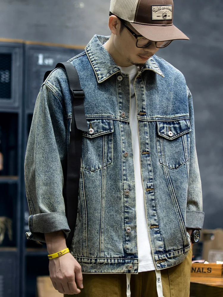 New 2026 Men's Denim Jacket Loose Fit Spring Autumn Multi-Pocket Workwear Jacket Trendy Casual Versatile Cotton Blend Jacket