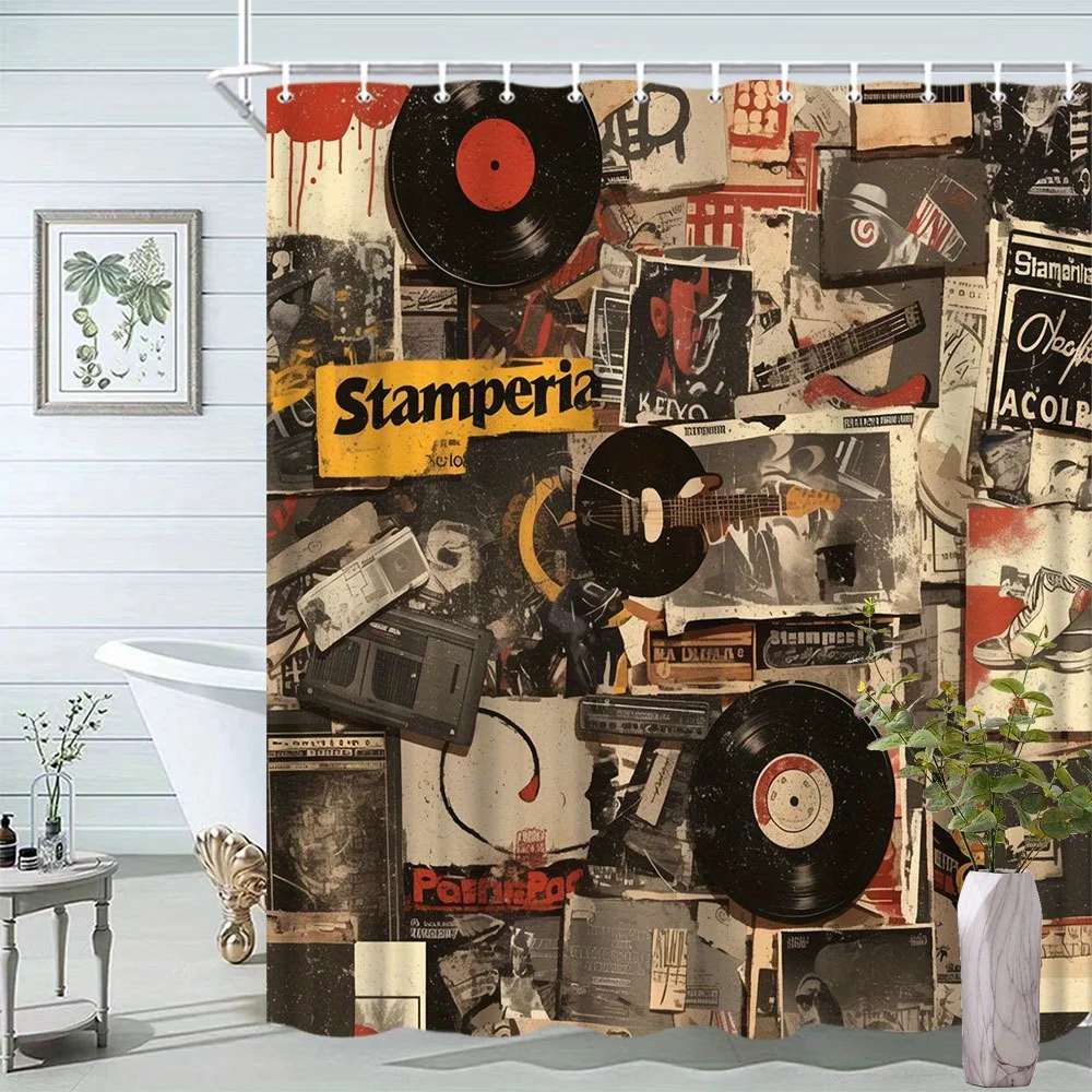 Vintage Music Rock Vinyl Pop Art Shower Curtain Waterproof Bathroom Decor Grunge Poster Shower Curtain Liner for Music Lovers Ho