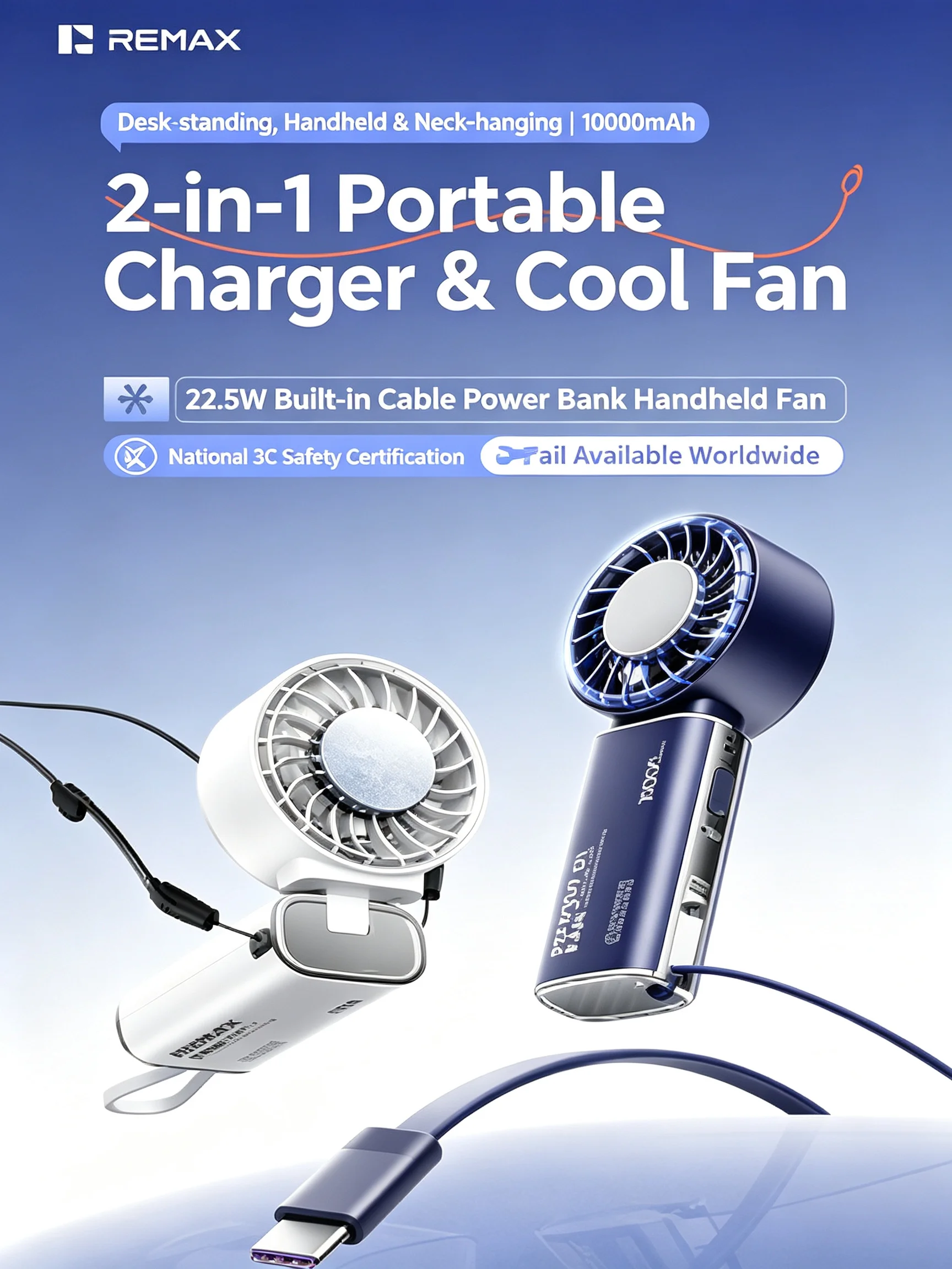 REMAX 2 in 1 Power Bank Handheld Fan 10000mAh Semiconductor Cooling 100 Speed Digital Display Built in Cable 22.5W Fast Charging