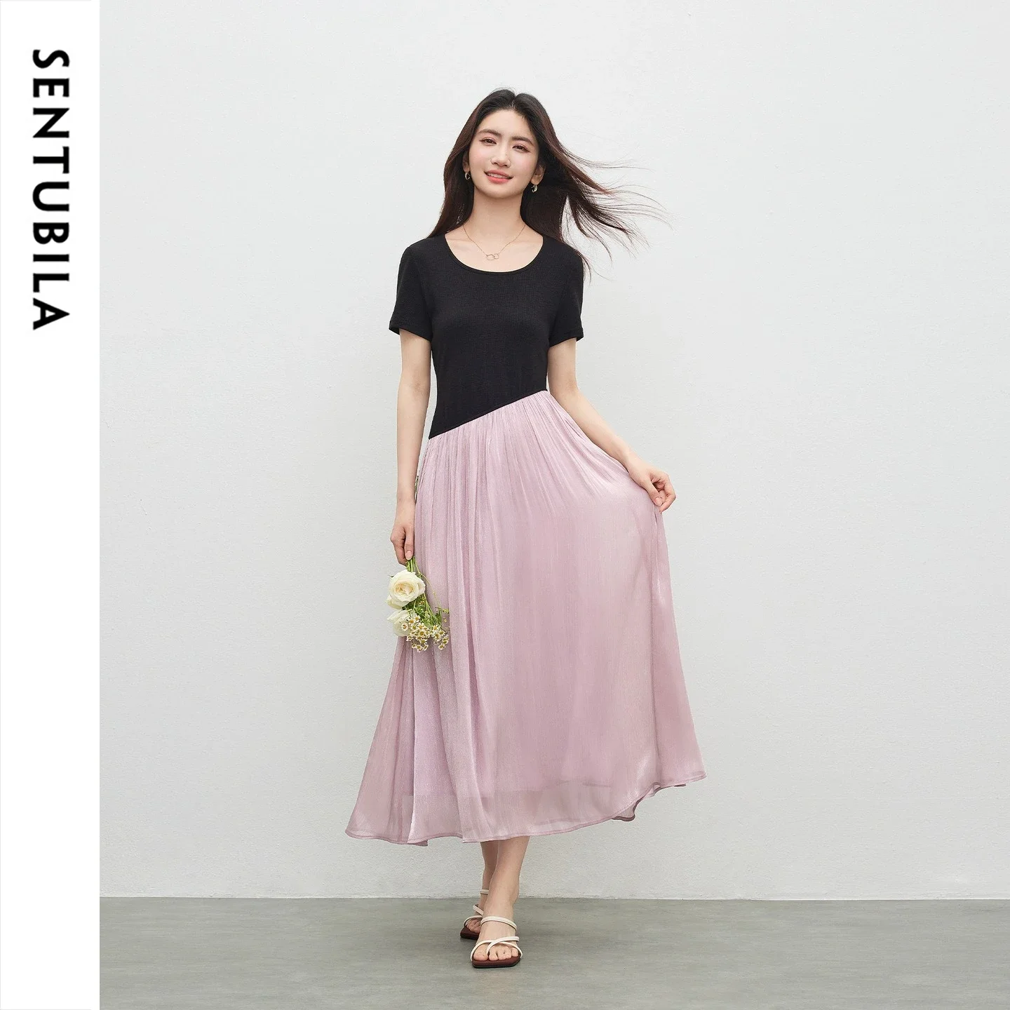 SENTUBILA Women Fake Two-piece Summer Dress 2026 Elegant Short Sleeve Color Block Diagonal Seam Long Dresses for Woman 162LI5381