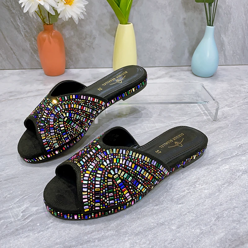 Fashionable Luxury Top Italian Designers 2023 Party Bright Diamond Uppers Summer Party Women's Shoes With Flat Shoes  Nigeria