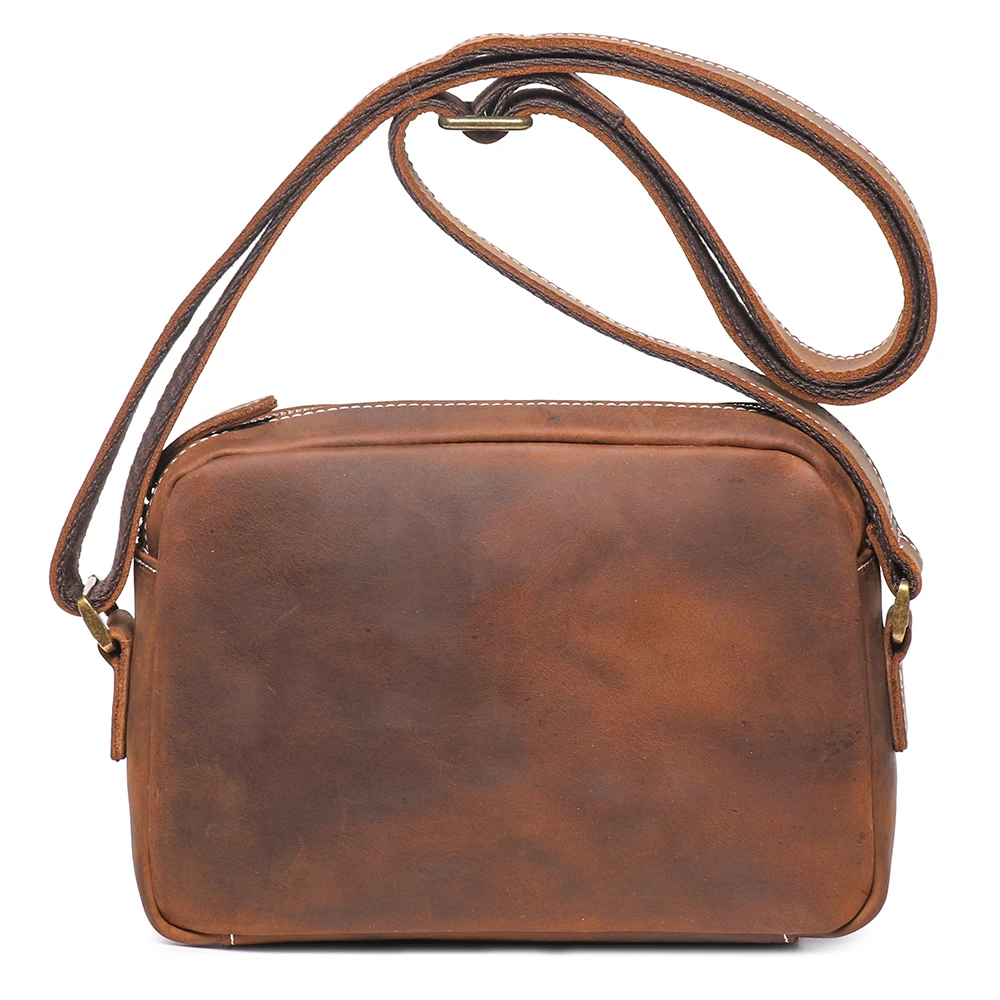 Crazy Horse Leather Men Messenger Bag Vintage Genuine Leather Crossbody Shoulder Bag Square Satchel Daily Travel Phone Wallet