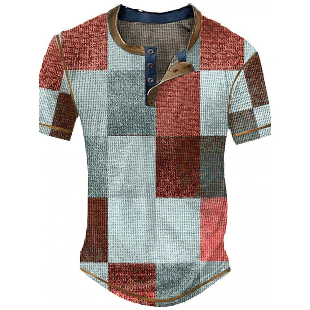 Farbblock-Patchwork Grafik 3D-Druck Henley-Shirts Herren Vintage Mode Übergroße Kurzarm T-Shirts Männer Oberteile Kleidung – Detail 15