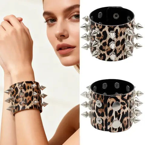 Punk Exaggeration Leopard Bracelet for Men Women Goth PU Leather Wristband Metal Studded- Spike Rivets Cuff Bangle Adjustable