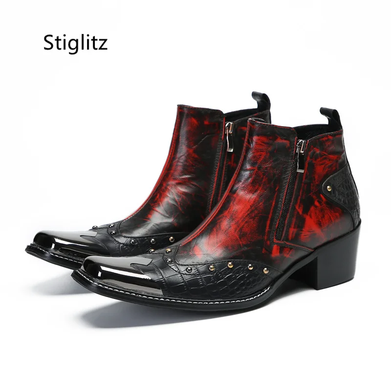 Botines de piel auténtica con remaches para hombre, botas cortas con punta de Metal, tacón alto y cremallera, color rojo y negro, para otoño