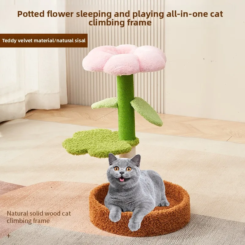

Small cat climbing frame pet toy with scratching column flower shape nest for cats jumping platform