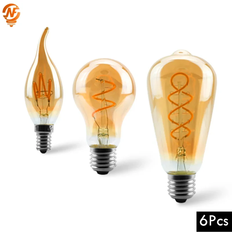 

6Pcs Retro LED Spiral Filament Light Bulb E14 E27 4W Warm Yellow AC 220V C35 A60 ST64 T185 T225 G80 G95 G125 Vintage Edison Lamp