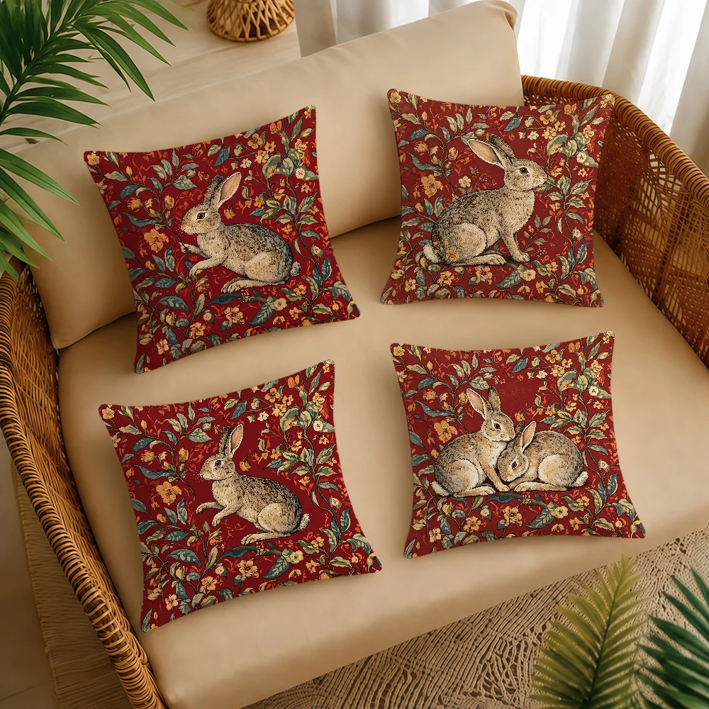 Vintage Wild Rabbit Floral Cushion Cover Square Decorative Throw Pillow Case Sofa Bed Living Room Anniversary Gifts