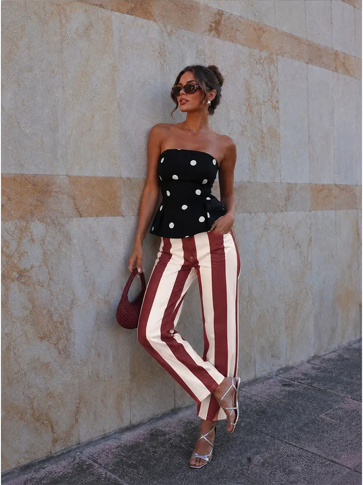 HH Women Summer Casual Relaxed Red White Wide Vertical Stripe Barrel Jeans High Waist Baggy Tapered Denim Pants With Pockets