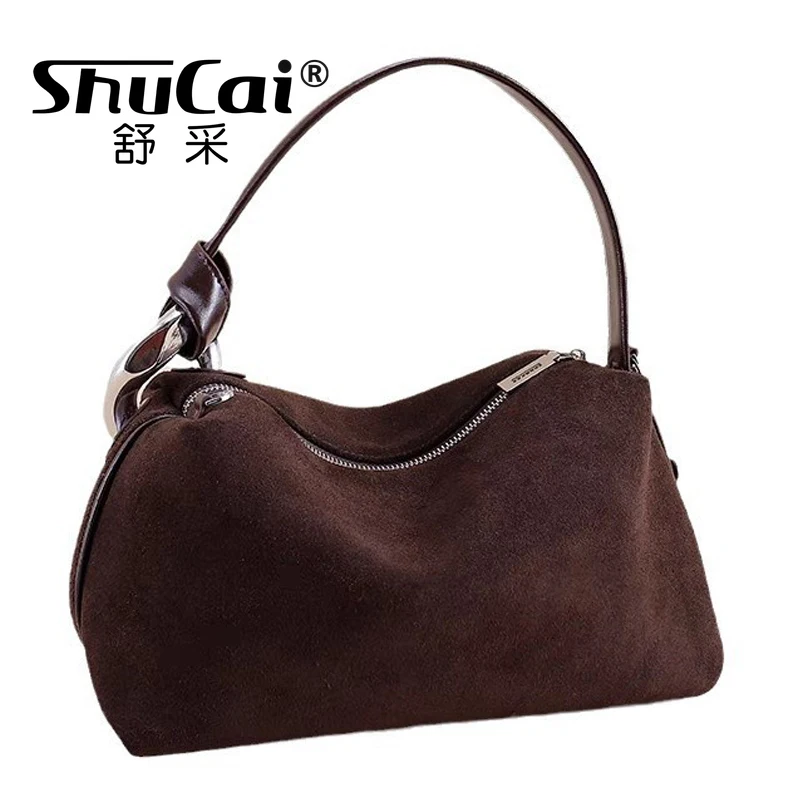 Ladies Matte Suede Leather Pillow Tote High Quality Women Brown Coffee Handbag Winter Autumn Female Shoulder Crossbody Bag Red