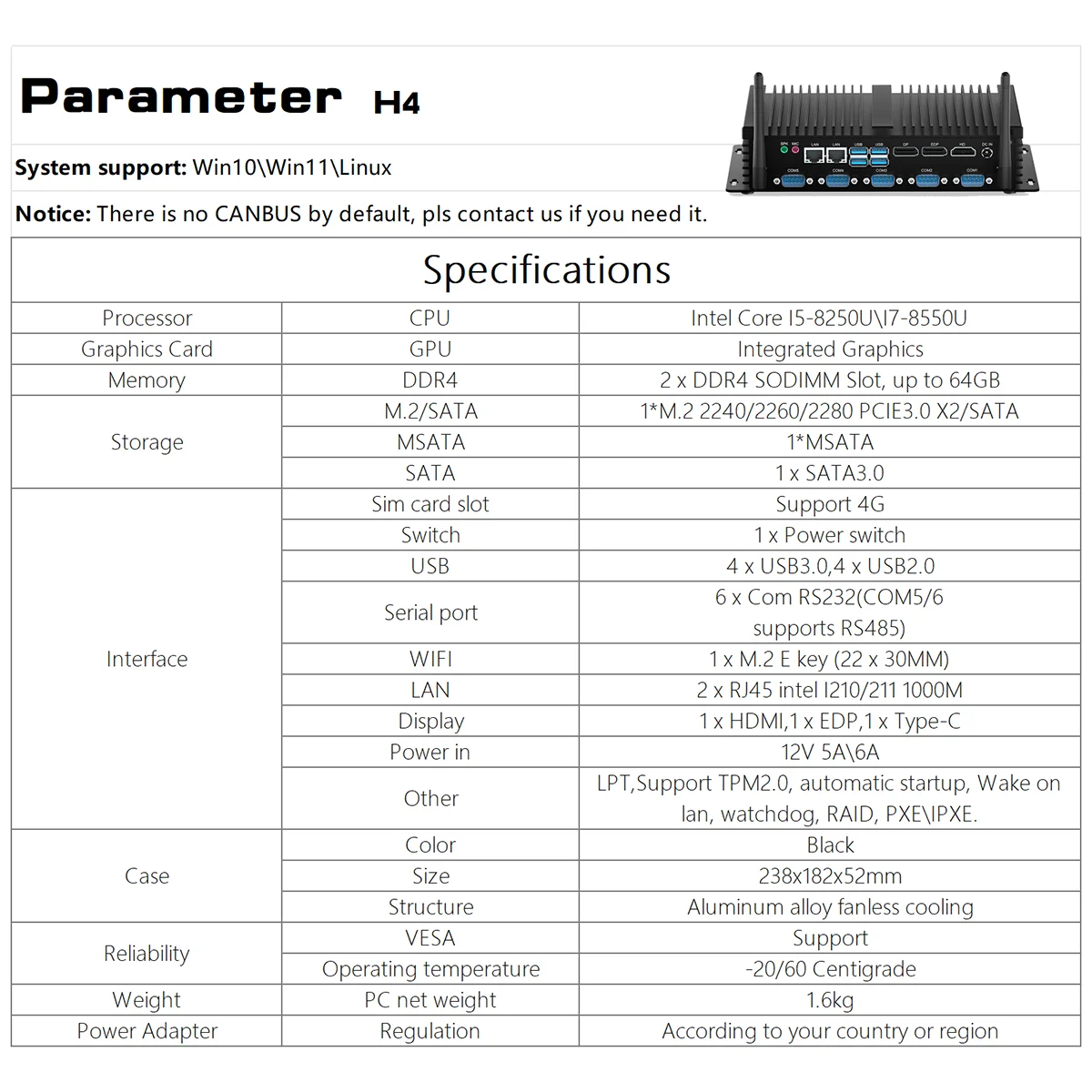 Intel Core i5 8250U i7 8550U ITX Mini PC 5*COM HD DP EDP Three Displays Industrial Fanless Portable Rugged Computer Windows 11