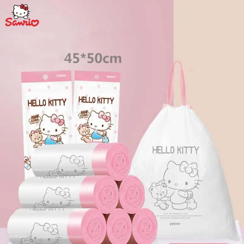 Kawaii Sanrio Hellokitty Garbage Bag Anime Thickened and Enlarged Drawstring Closure Wearing Rope Printed Portable Plastic Bag