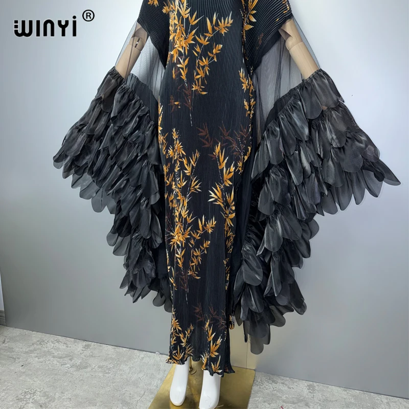 WINYI Pleated Elastic Slim Dress Beach Cover Up Kaftan Abaya Dubai Luxury Party Dress Fashion Evening Dress Abaya Muslim Woman