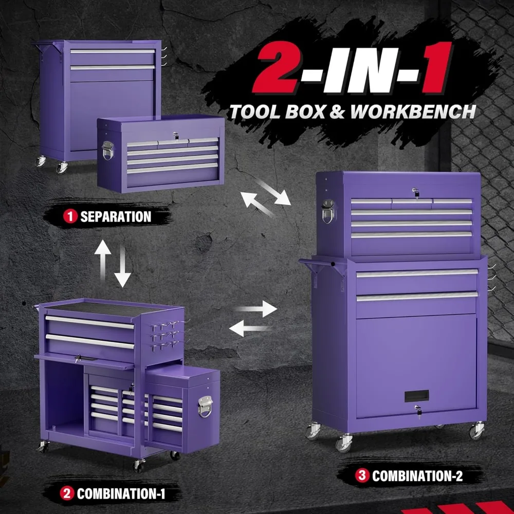 Cassapanca per attrezzi in metallo, cassapanca per attrezzi con ruote a 8 cassetti, armadietto per attrezzi con ruote, armadietto per attrezzi staccabile 2 in 1, rivestimenti e loc