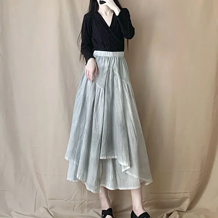 Falda larga Irregular de cintura alta elástica casera de verano falda de doble capa con estampado plisado y teñido de plantas