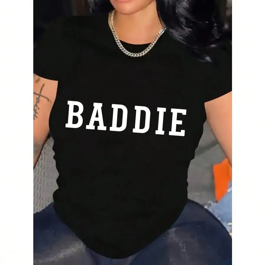 

Women BADDIE Design Graphic T-Shirt Plus Size Short Sleeve Tees For Outdoors Activities And Casual Wear, 220g