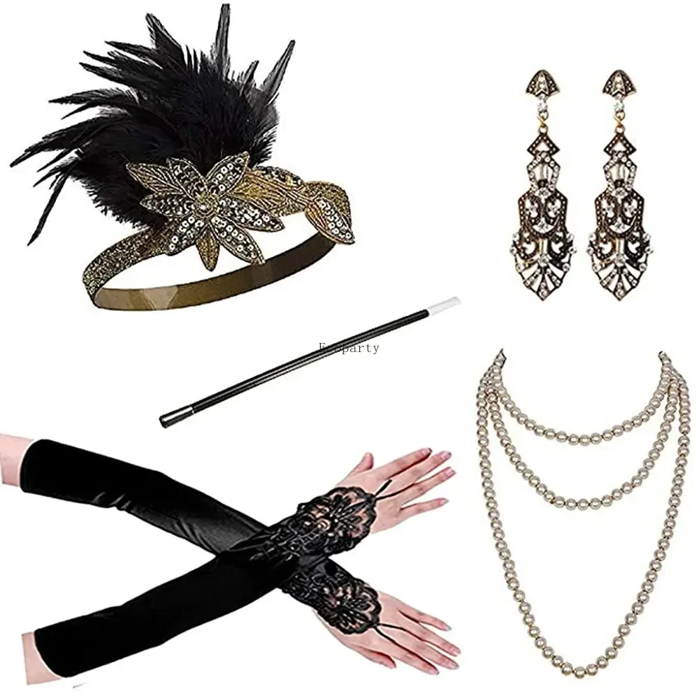 

1920-е годы Flapper Gatsby костюм аксессуары комплект 20s Flapper повязка на голову жемчужное ожерелье перчатки мундштук аниме серьги