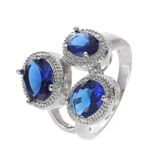 Luckyshine Unique 3X Oval Cut London Blue Topaz Cubic Zirconia Gemstone Silver Rings for Holiday Gifts
