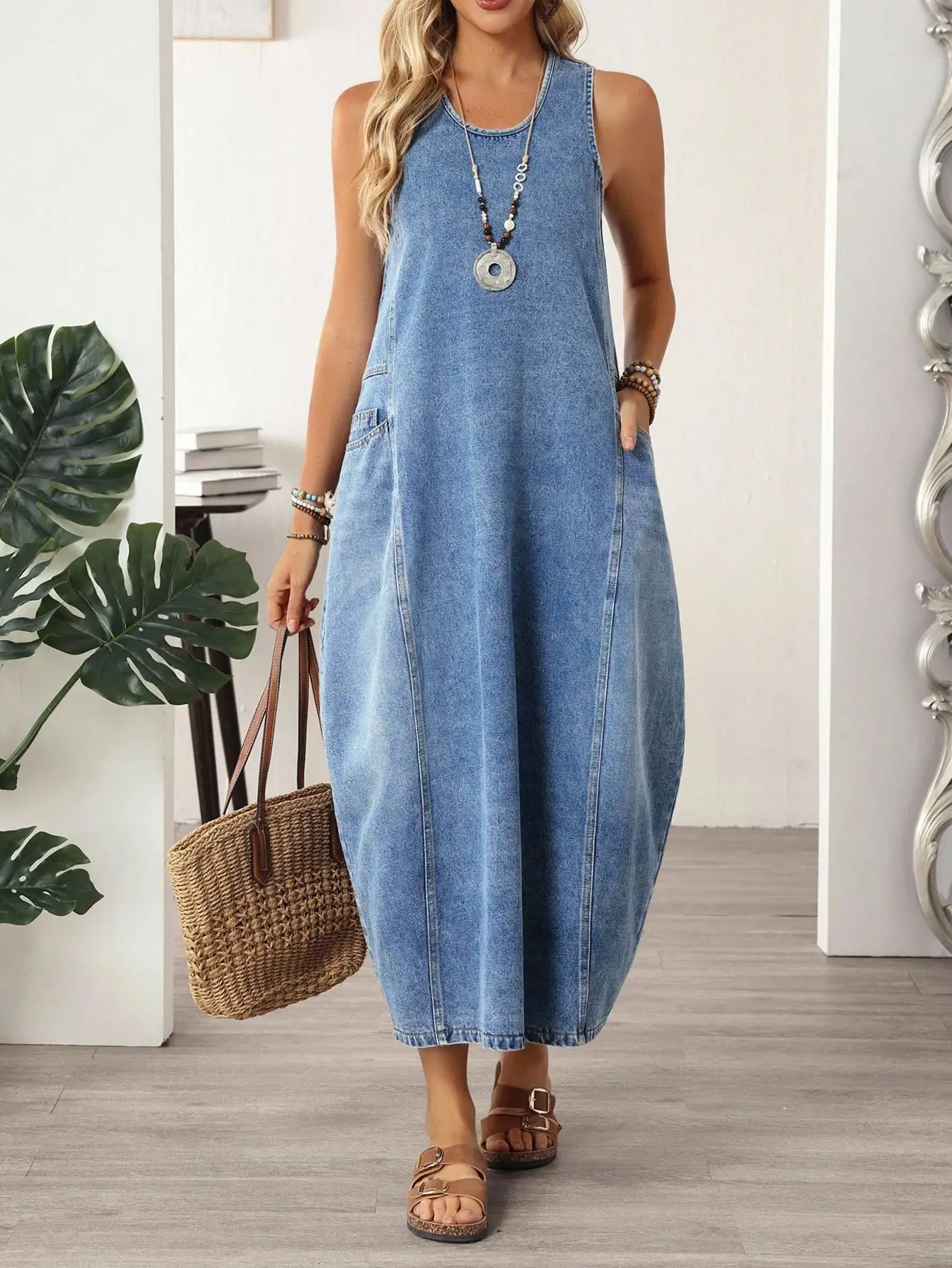 

Women's Washed Sleeveless Denim Maxi Dress with Pockets, Loose Fit Summer Casual Dress