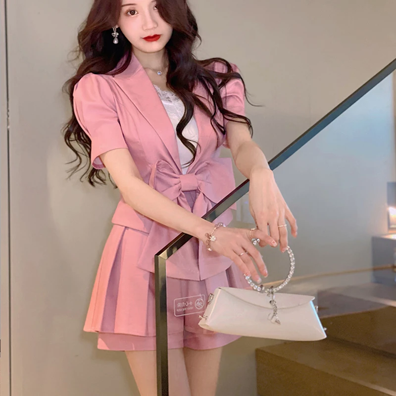

2022 Summer Fashion Elegant Pink Two Piece Set Women Temperament Bow Small Suit Jacket + High Waist Pleated Hakama Suit