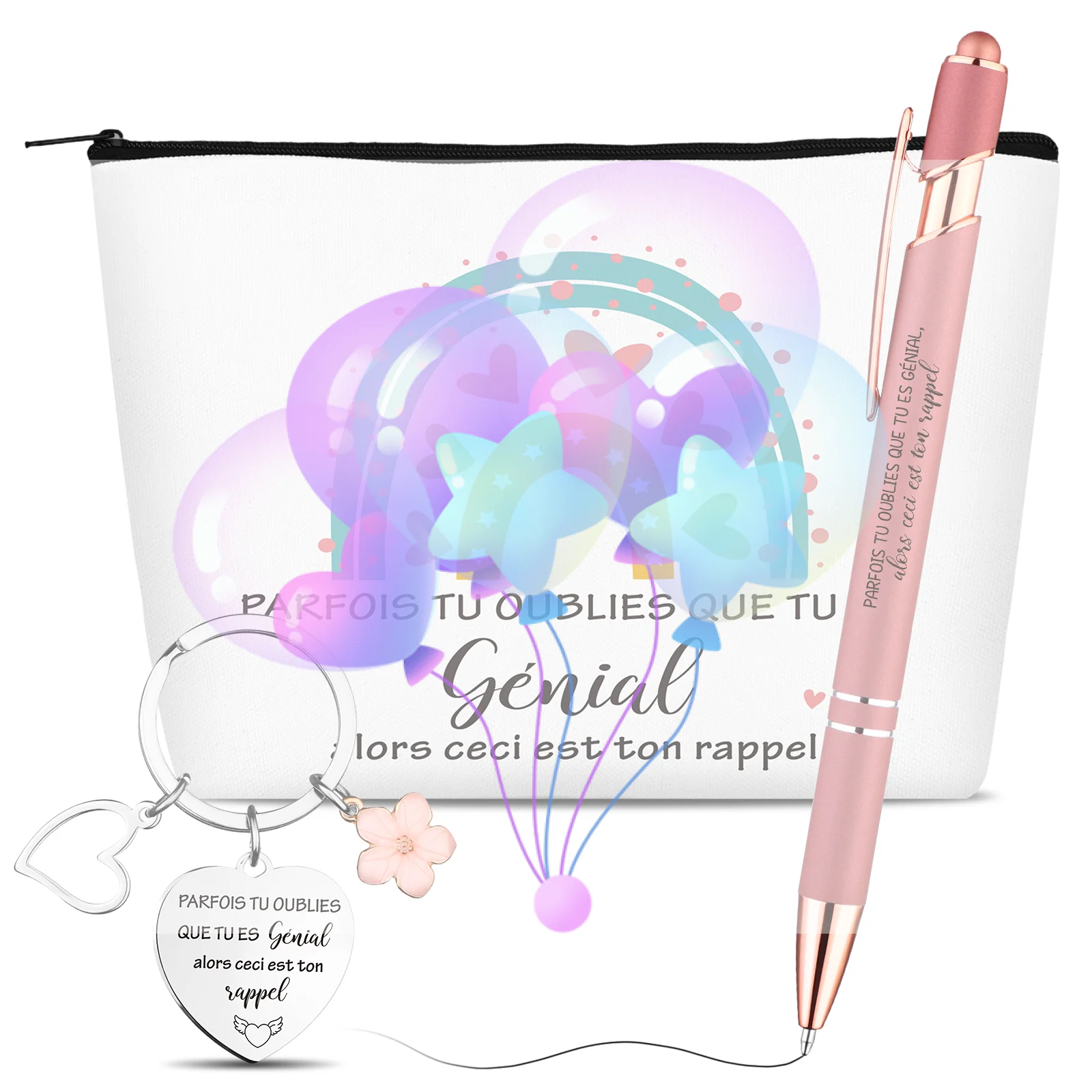 

Подарочный набор французских вдохновляющих колец включает в себя вдохновляющий брелок для ключей, радужная косметичка для туалетных принадлежностей