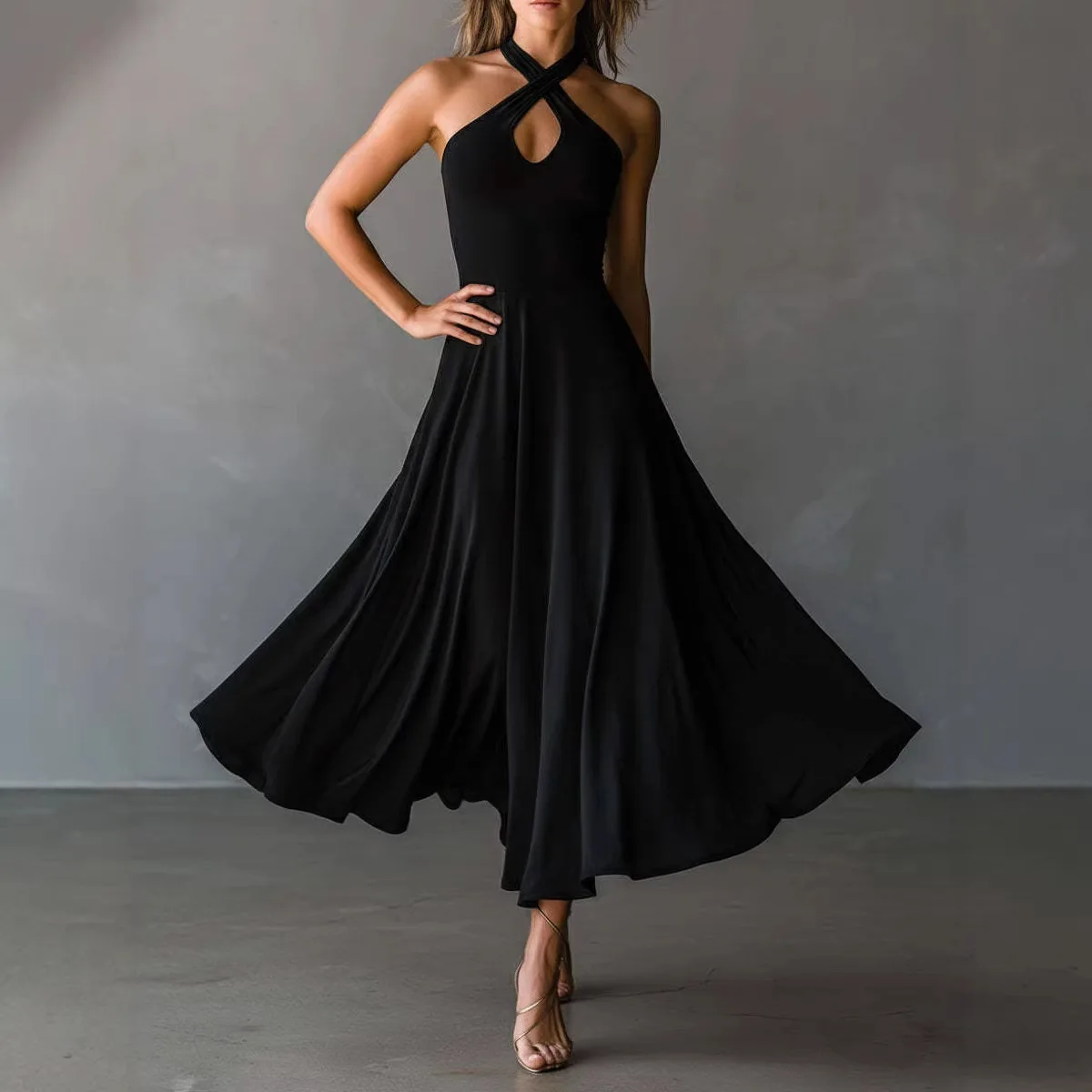 Women Halter Neck Dress Black Keyhole Long Dress Spring Summer Elegant Retro Matching Set Jumpsuit Playsuit Evening Dress