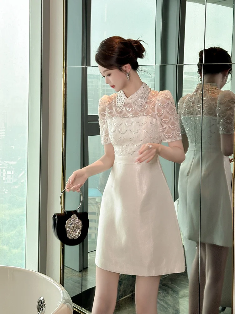 ชุดเดรสทรงเอ สีขาว สำหรับผู้หญิง ฤดูร้อน รุ่นใหม่ สไตล์ฝรั่งเศส หวานละมุน ผ้าซาติน ใส่สบาย เหมาะสำหรับใส่ในชีวิตประจำวัน