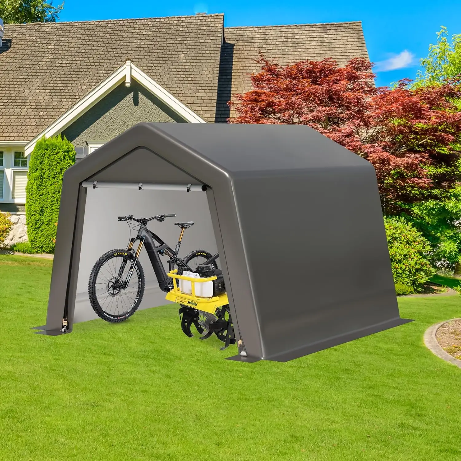 

Grey Outdoor Storage Shed Carport,Portable Garage Bike Shed Tent with Roll-Up Zipper Door, Heavy Duty Waterproof Tarp Carport