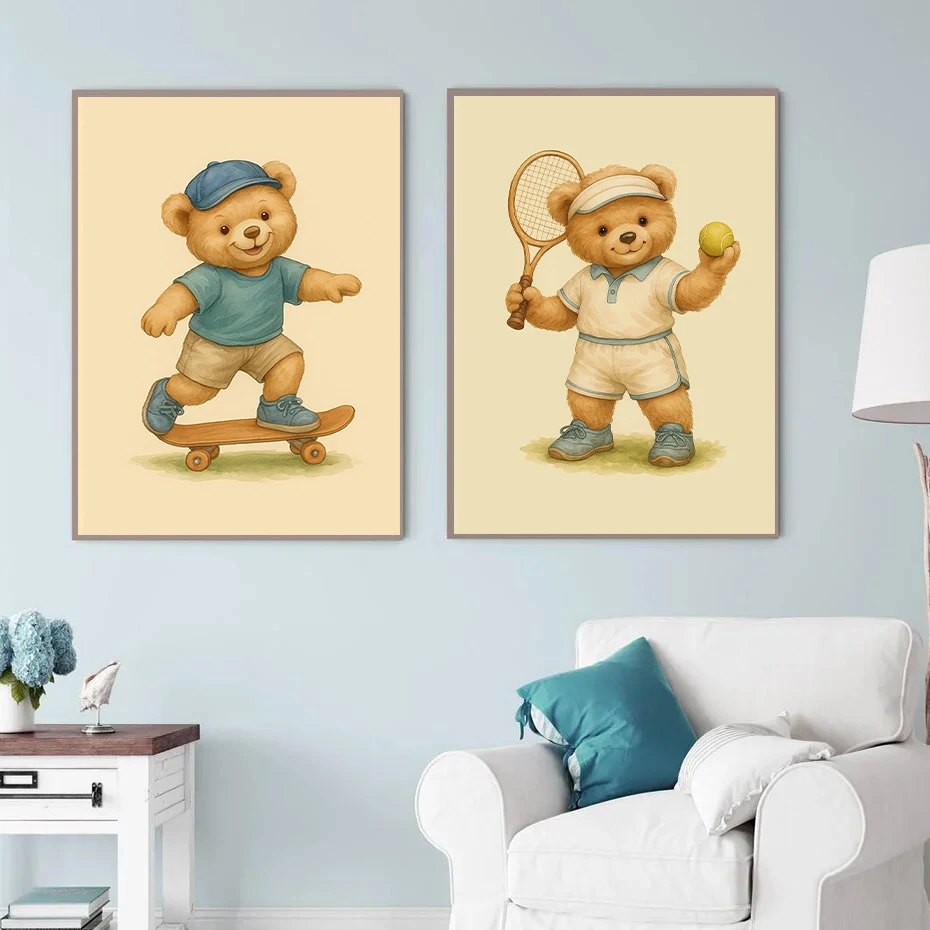 Vintage Skateboard Volleyball Football Baseball Tennis Teddy Bear Poster Canvas Painting Print Wall Art Living Room Home Decor