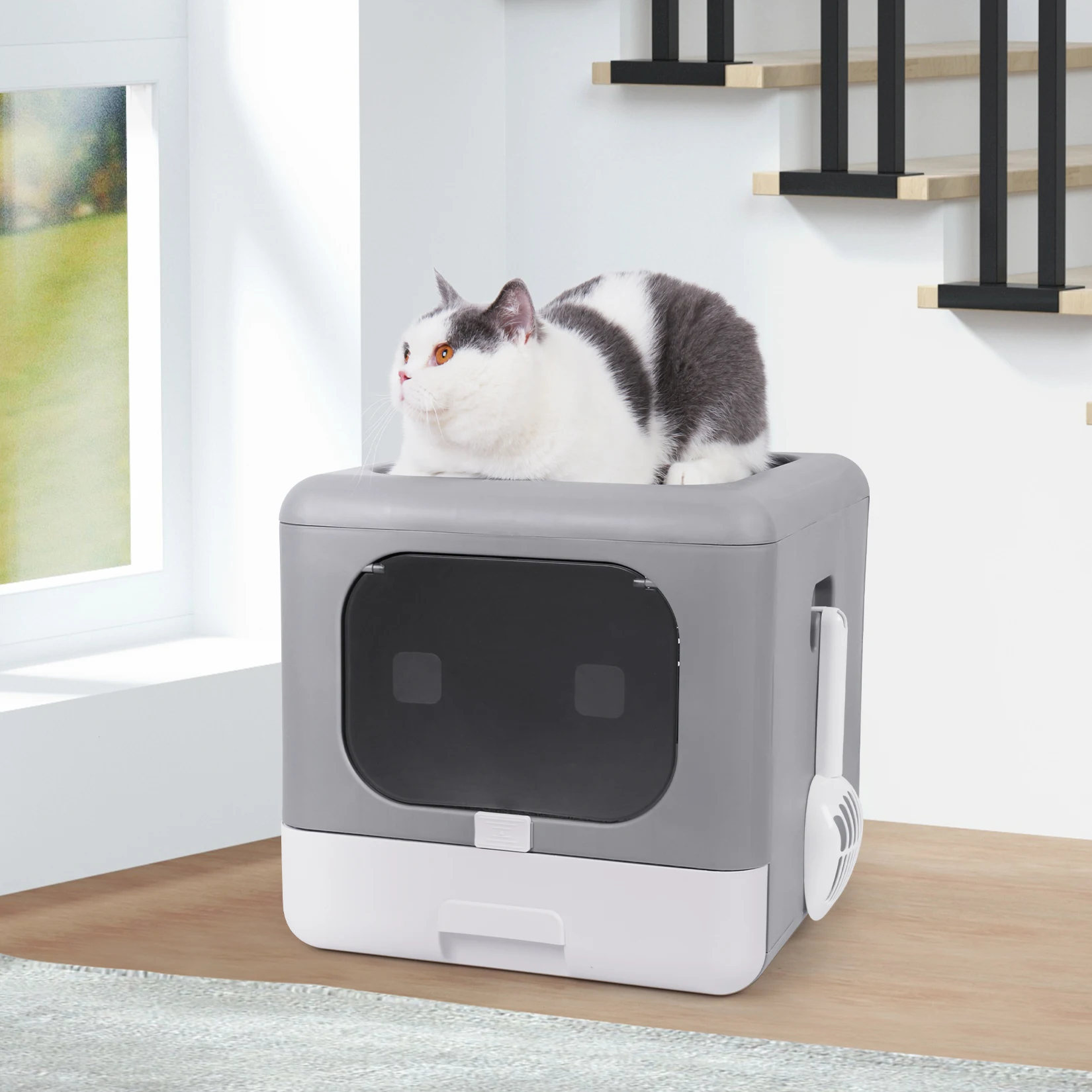 

Cat Litter Box Foldable Top Entry Litter Box with Cat Litter Scoop Drawer for Medium and Large Cats