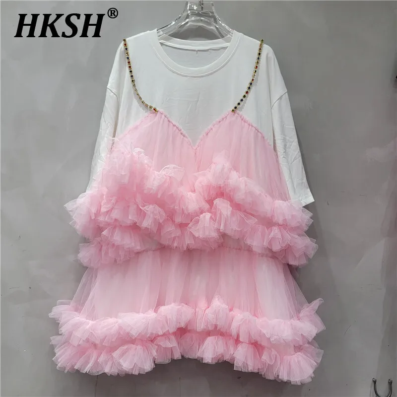 

HKSH Summer New Women Chic Fashion Elegant Streetwear Casual Mesh Patchwork Ruffles Fake Two-pieces Short Sleeved Dresses HK5538