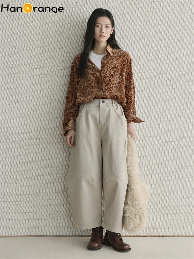 HanOrange 2025 الشتاء الرجعية الصوف الكربون المصقول القطن منحني سكين الكاحل طول السراويل النساء فضفاضة سميكة بنطلون