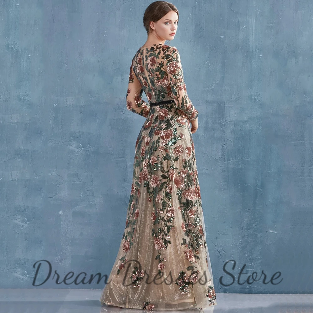 Elegant O-Neck Long Sleeve Evening Dress Sequins Flowers Applique A-Line with Belt Floor Length Women Party Banquet Gowns