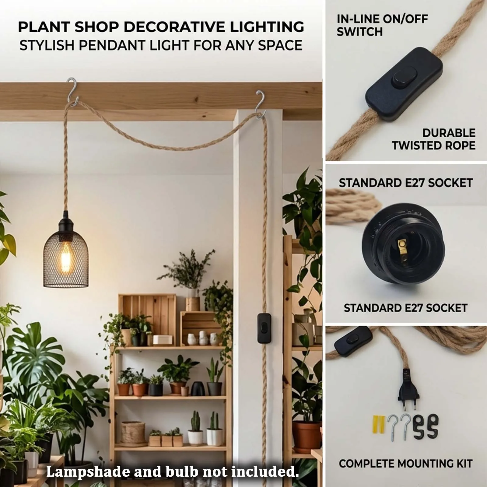 Rope Wrapped Jute Lamp Cord with Black Dome Lamp Holder and On Off Switch with 2-Pin Plug for Cafe Shop Decor