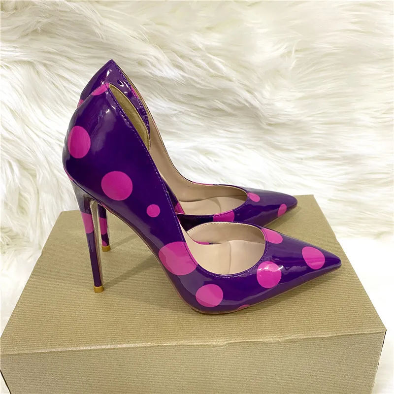 Veowalk Polka Dot Women Purple D\'Orsay Side Cut Pointed Toe Stiletto Pumps Comfortable Elegant 8cm 10cm 12cm High Heel Shoes