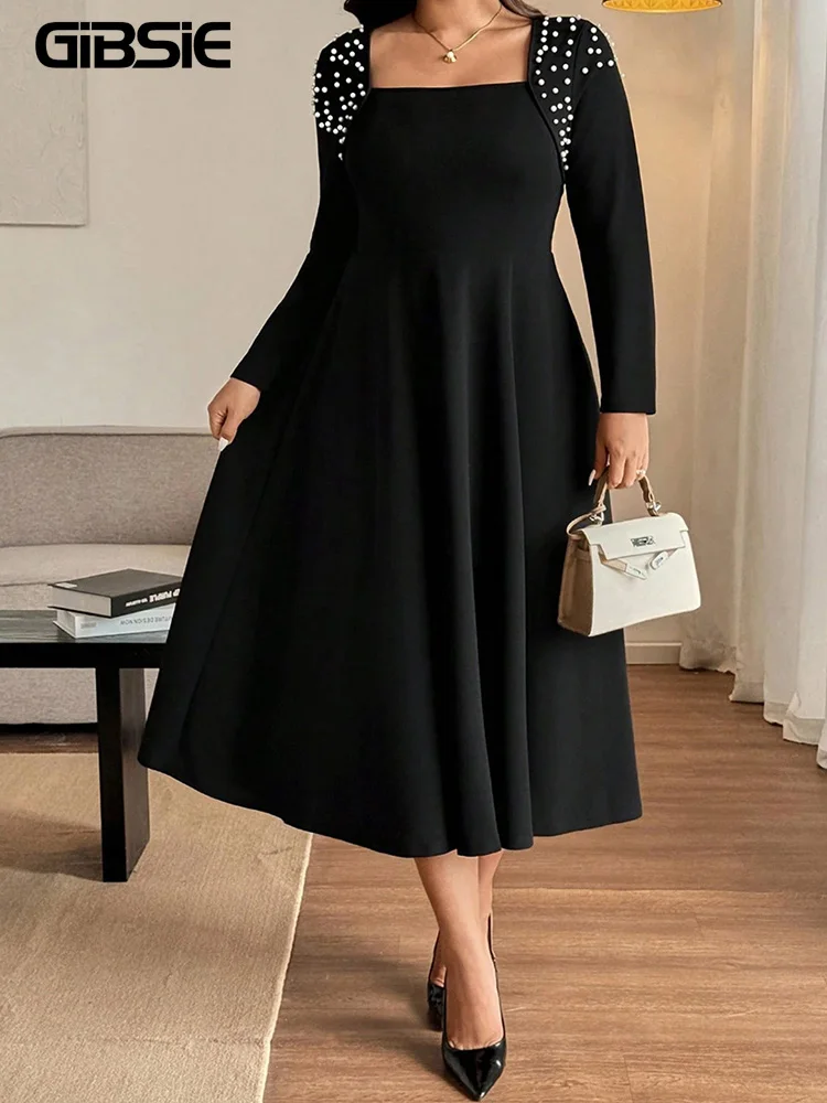 

GIBSIE плюс размер платье трапециевидной формы с квадратным вырезом и жемчугом и бисером, женское платье 2022, осень-зима, черные элегантные вечерние длинные платья с высокой талией
