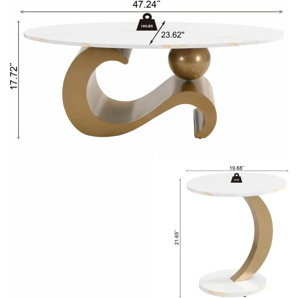 2 Piece Living Room Set, Modern Nest Coffee Table Set of 2, Faux Marble Tabletop Oval Coffee and End Table Set with Gold Iron Ge