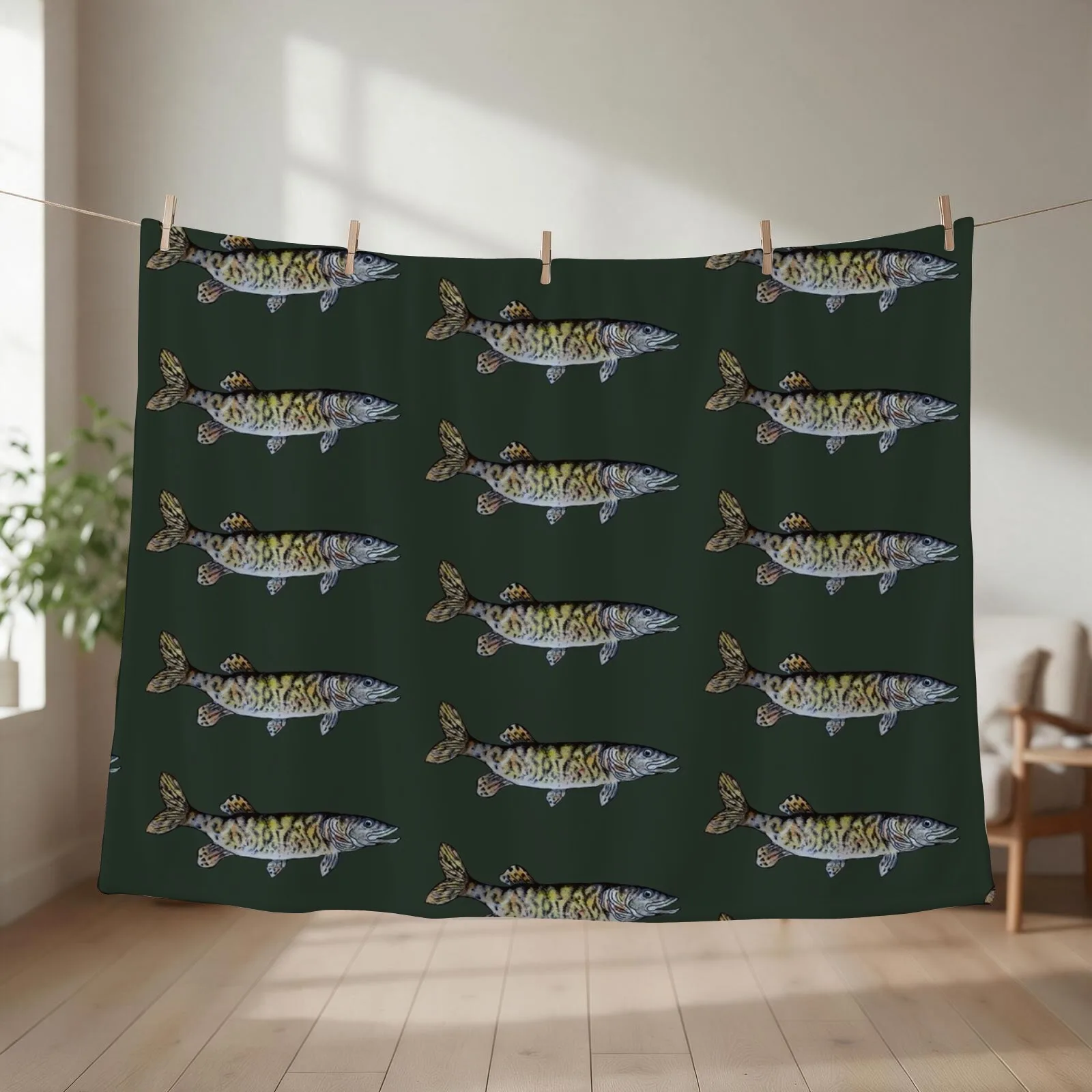 Musky Fish Drawing Dark Green Throw Blanket couch cozy soft plush fuzzy picnic outdoor blanket