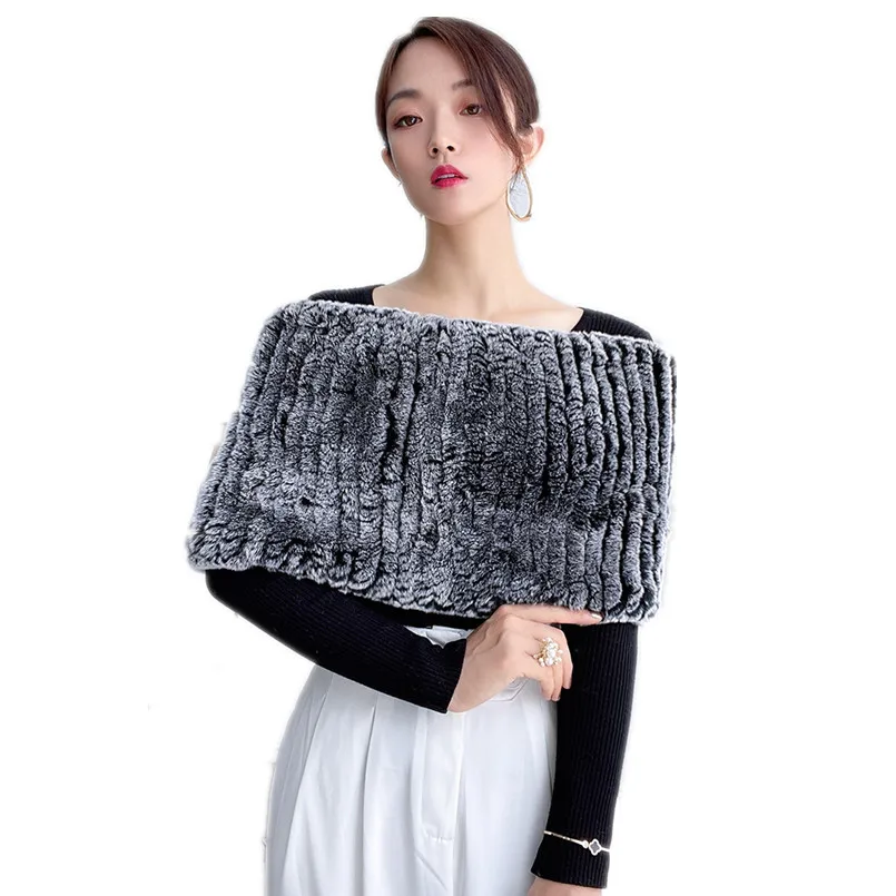 

Real Rex Rabbit Fur Shawl Winter Warm Cape Elastic Knitted Pullover Wraps Shoulder Neck Scarf Women's Scarves