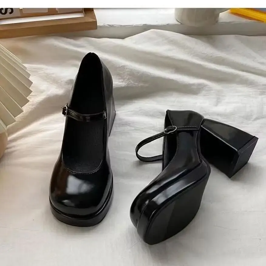 mary jane heels Women 2024 Hot sale Pu Leather Ankle Buckle High Heels Platform shoes Woman Thick Heeled Goth white Pumps