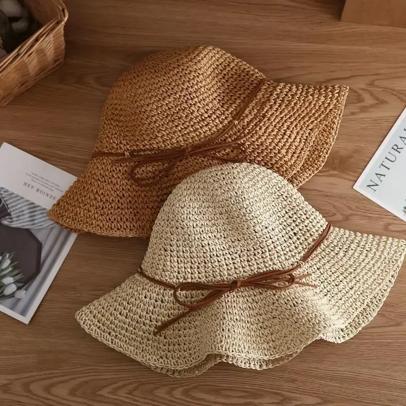 

Summer Beach Korean Straw Hat for Women Visor Bucket Hat Hand Weaving Panama Girl Fishing Chapeau Sun Hats for Women