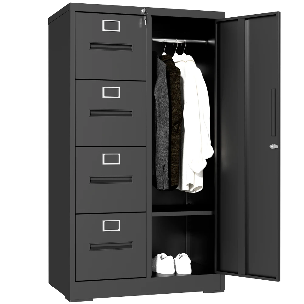 Metal Storage Vertical Filing Cabinet with Lock, Steel File Locker with 4 Drawers and 1 door for School, Living Room, Bedroom, Office (Black)