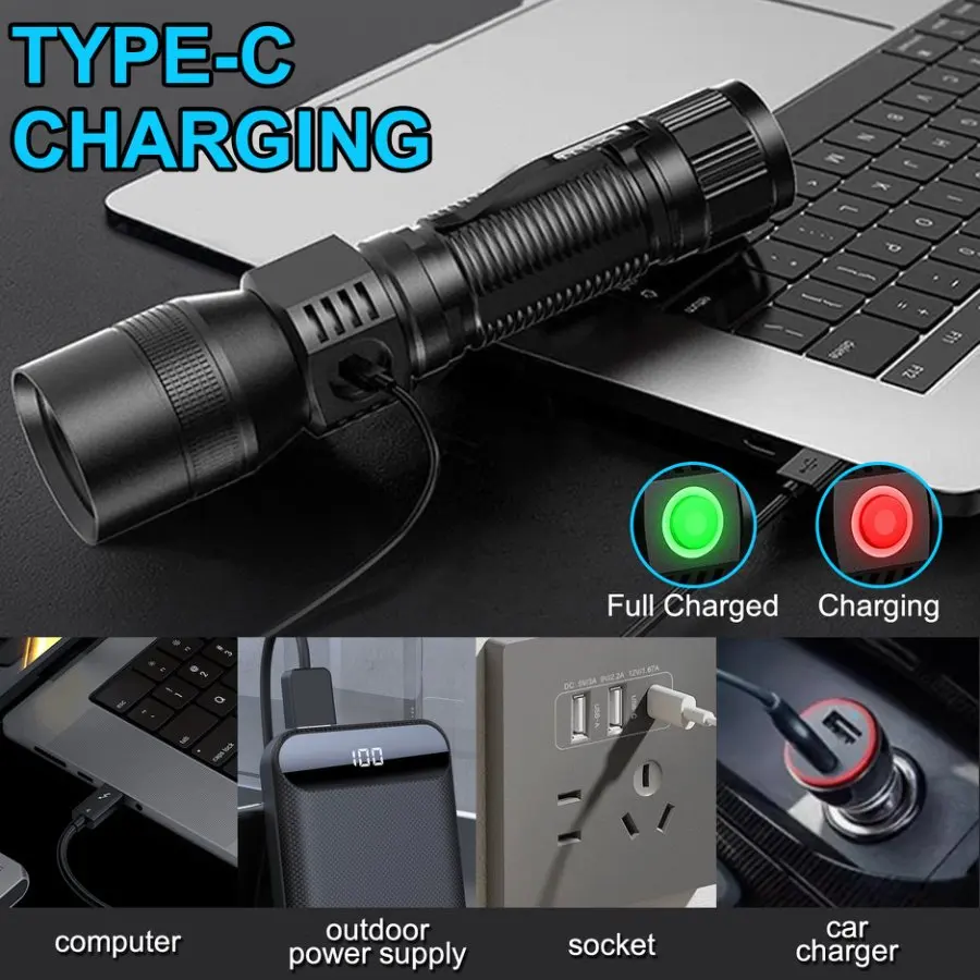 Super Bright Red/White/UV Light LED Flashlight 7 Modes Type-C USB Rechargeable Multifunctional Magnetic Work Lamp Portable Torch