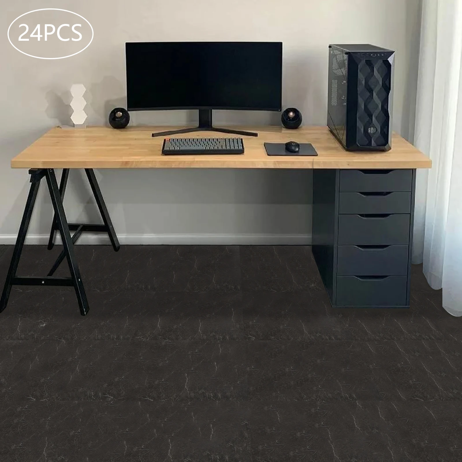 Azulejos autoadesivos, PVC de grão de pedra preta de 24 pacotes, casca e colagem para fácil instalação, uso duradouro