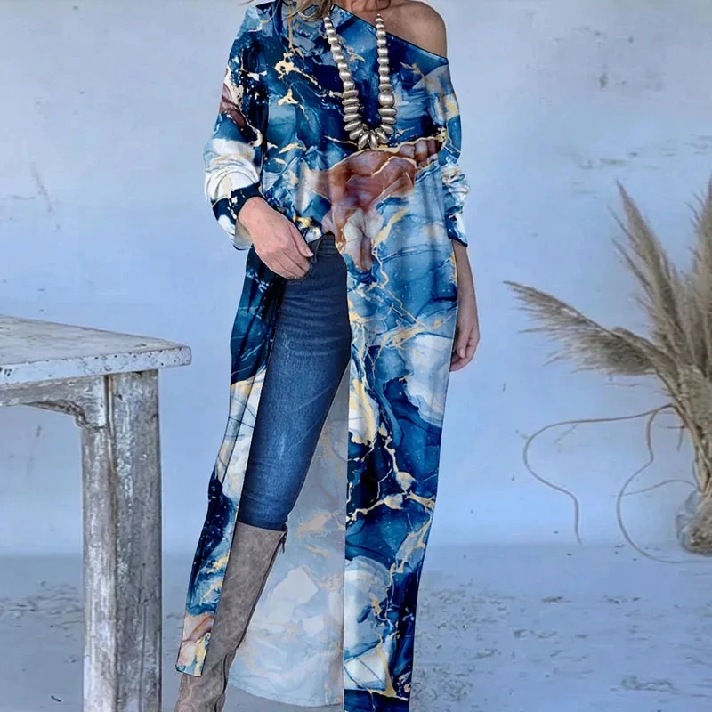 

Elegant Women Long Sleeve Irregular Split T-shirts Casual Loose Hem Commute Lady Shirts Vintage Pattern Printed O-neck Long Tops