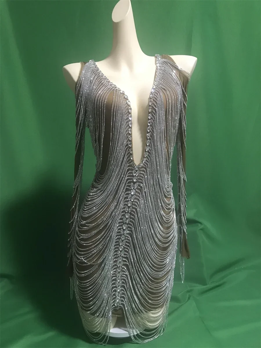 Glitzerndes kurzes Kleid mit Strasssteinen für Damen, tiefer V-Ausschnitt, durchsichtig, Geburtstag, sexy Kette, Outfit, Karneval, Kostüm, Nachtclub, Leistung